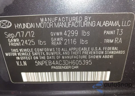 2013 Hyundai Sonata Gls z USA, uszkodzony, nr VIN 5NPEB4AC3DH605395